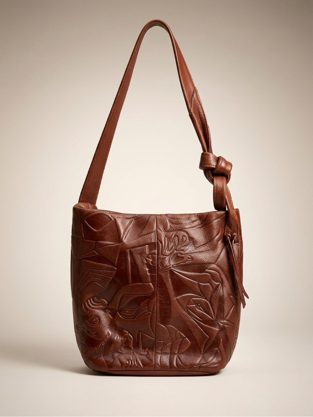 Embossed Brown Leather Knot-Shoulder Bag